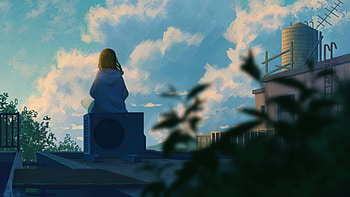 Alone At The Roof, anime-girl, anime, artist, artwork, digital-art HD wallpaper