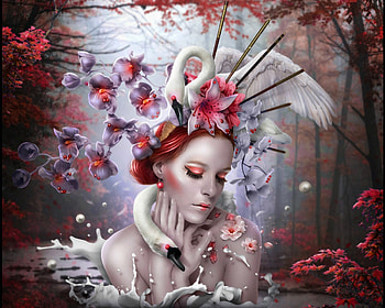 Swans, white, girl, 1simplemanips1, pink, fantasy, flower, face, orchid, swan, redhead, luminos HD wallpaper