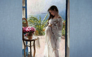 My Baby..., terrace, unborn baby, mother-to-be, sea, painting, pink roses HD wallpaper