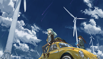 Hatsune miku, anime girls, outdoor, windmill, clouds, art HD wallpaper