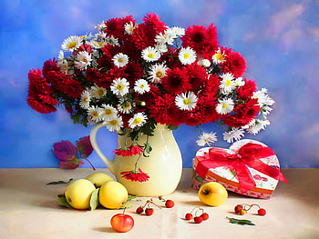 Still life, vase, beautiful, fruits, nice, daisies, delicate, pretty, red, flowers, heart, lovely, harmony HD wallpaper