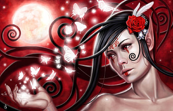 *Red Yin*, airbrushing, plants, colors, digital art, dress, butterflies, soul, painting, animals, trees, moons, fan art, other, beautiful, red yin, spirit, pretty, flowers, red rose, lovely, hair HD wallpaper