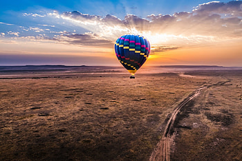 Hot air balloon, sunset, landscape HD wallpaper