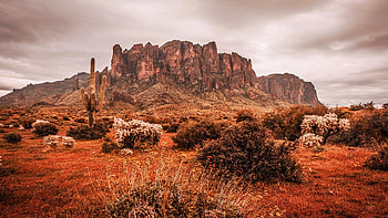 Superstition Mountains, Arizona, clouds, desert, landscape, sky, rocks, cactus, usa HD wallpaper