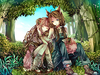 girls of the forest (woods), girls, sisters, woods, anime HD wallpaper