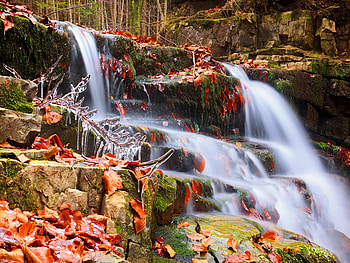 Autumn waterfall, leaves, fall, waterfall, autumn, nature, cascade, stones HD wallpaper