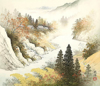Koukei Kojima. The village on the river, river, painting, art, koukei kojima, village, tree, mountain HD wallpaper