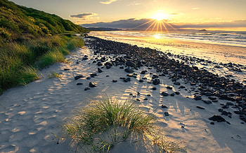 Sunrise over Beach, sea, sand, sunbeams, pebbles, grass, sunrise, beach HD wallpaper