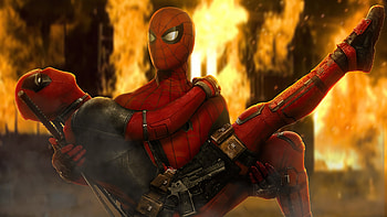 Spiderman Holding Deadpool, spiderman, deadpool, superheroes, artwork, artist HD wallpaper