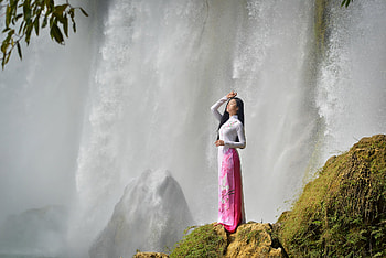 Waterfall Serenity | Asian Elegance at the Falls | Pink Silk by the Waterfall | Cascade Muse, woman, asian HD wallpaper