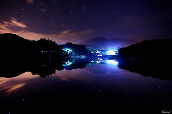 Nature, Houses, Stars, Night, Lights, Lake, Town HD wallpaper