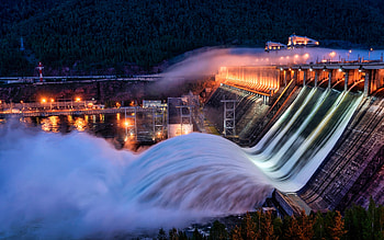 Dam, night, fog, water, lights HD wallpaper