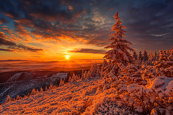 Dazzling winter sunset, snow, view, beautiful, sky, forest, fiery, mountain, winter, frost, sunset HD wallpaper