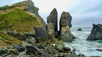 Stones Rocks Greenery Mountain Ocean Waves Blue Sky Background Nature HD wallpaper