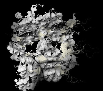 Mask, white, black, art, eyes, sorrow, sadness, dark, face, flowers HD wallpaper