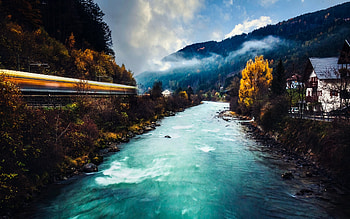 River Through Town, river, fog, train, town HD wallpaper