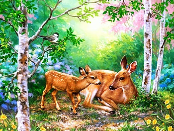 Deer of Spring, mother, birches, forest, fawn, painting HD wallpaper