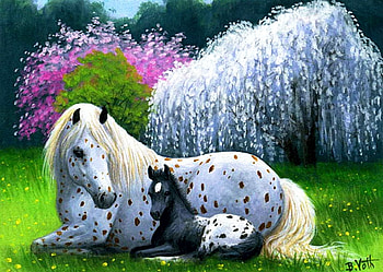 Spring Siesta, artwork, sunshine, horse, painting, blossoms, foal, bush HD wallpaper