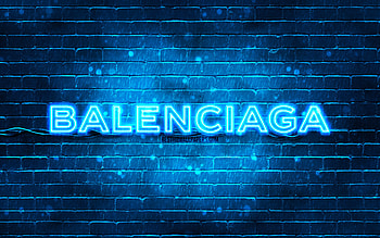 Balenciaga blue logo, , blue brickwall, Balenciaga logo, brands, Balenciaga neon logo, Balenciaga HD wallpaper