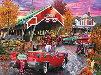Honeymoon Bridge, painting, house, covered bridge, car HD wallpaper