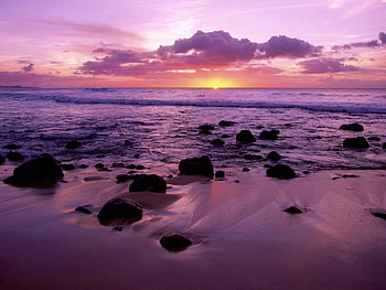 Nature, Sunset, Stones, Sea, Sand, Evening, Hawaii HD wallpaper