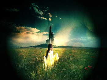 Magic Castle, moon, field, sky, flowers, girl, castle, sun HD wallpaper