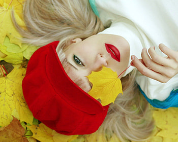 Pretty blond, blond, face, leaf, hat, woman HD wallpaper