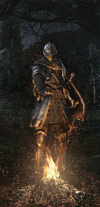 Dark Souls bonfire flame, Knight armor, Atmospheric visuals, Epic fantasy HD phone wallpaper