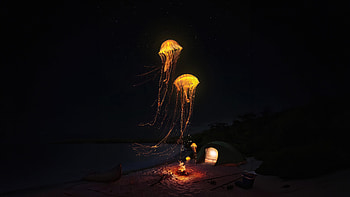 Jellyfish At Shore Dance Of The Thunder Seas, jellyfish, manipulation, dark, artist, artwork, digital-art HD wallpaper