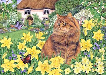 By Anne Mortimer, kitten, anne mortimer, painting, art, flower, house, garden, act HD wallpaper