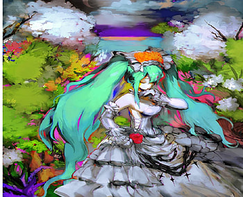 miku, flowers, aqua, dress, forest HD wallpaper