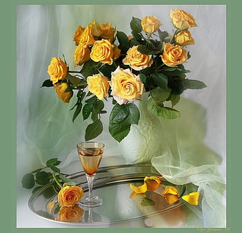 Bouquet of yellow, table, roses, yellow, green, vase, curtain, wine HD wallpaper