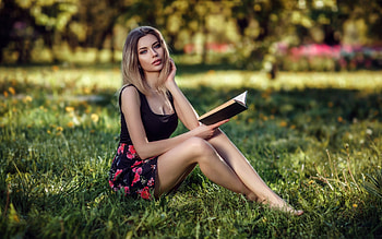 Lovely Girl, grass, model, book, woman HD wallpaper