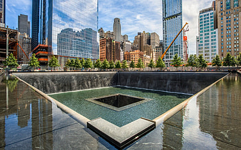 9/11 memorial fountain in downtown manhatten r, skyscrapers, city, memorial, fountain, r HD wallpaper
