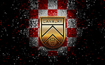 Cavalry FC, glitter logo, Canadian Premier League, red white checkered background, soccer, canadian football club, Cavalry FC logo, mosaic art, football, FC Cavalry HD wallpaper