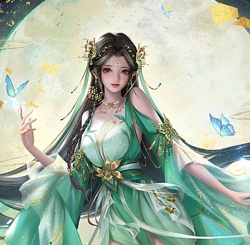 Fantasy girl, frumusete, butterfly, moon, art, green, luna, girl, gorgeous, superb, yanmin ji HD wallpaper
