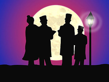 Caroling, night, holiday, moon, christmas HD wallpaper