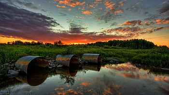 Nature, Water, Sunset, Sky, Reflection, Evening, Pipes, Tubing HD wallpaper