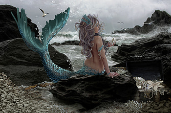 MERMAID, PEARLS, STARFISH, OCEAN, WAVES, FEMALE, TREASURES HD wallpaper
