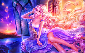 Rapunzel, blue, night, frumusete, shawli2007, blonde, girl, wind, pink, fantasy, breeze, luminos HD wallpaper