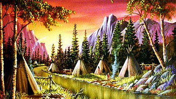 The Village, river, skies, teepees, forest, village HD wallpaper