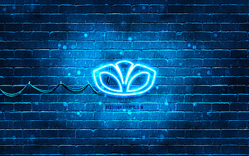 Daewoo blue logo, , blue brickwall, Daewoo logo, cars brands, Daewoo neon logo, Daewoo HD wallpaper