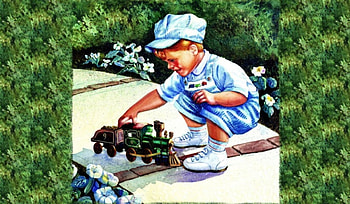 Toy Train, toy, engineer, art, engine, train, beautiful, illustration, artwork, wide screen, painting, tracks, locomotive, little boy, railroad HD wallpaper