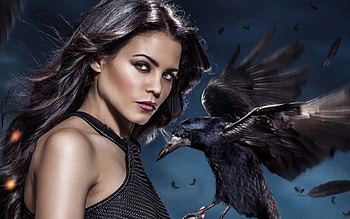 Jenna Dewan-Tatum as Freya Beauchamp, blue, Jenna Dewan Tatum, black, bird, poster, girl, woman, raven, Freya Beauchamp, Witches of East End, tv series, fantasy HD wallpaper