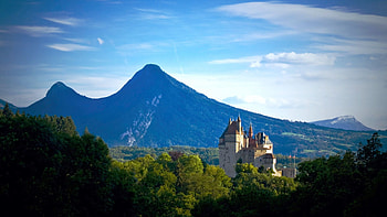 Menthon Castle, French Alps, Haute-Savoie, mountains, clouds, building, landscape, trees, sky HD wallpaper