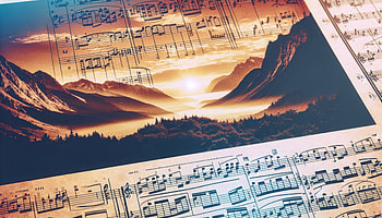Sunset Symphony: Sheet Music Theme, sheet music, music, landscape, mountain HD wallpaper