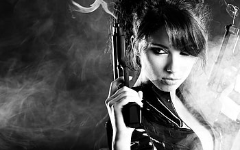 gun brunette military guns gun girl girls pistol smoke b-w HD wallpaper