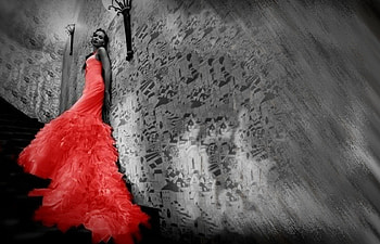 Red Dress, model, stairs, dress, woman HD wallpaper