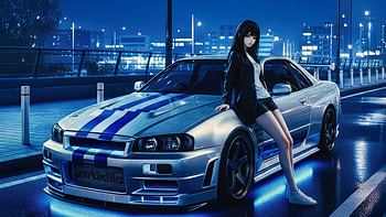 Anime Girl And Racing Nissan Gtr Skyline, anime-girl, racing, nissan-gtr, skyline, artist, artwork, art, digital-art, ai, deviantart HD wallpaper