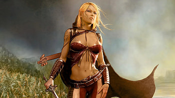 fantasy_girl, blue, sexy, sword, other, grass, anime, fantasy, green, girls, sky HD wallpaper